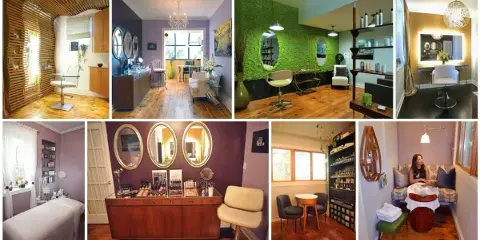 Interior collage of a beauty salon featuring styling chairs, makeup stations, and treatment rooms.