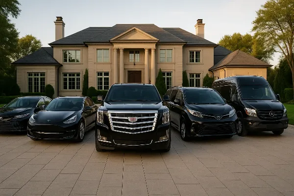 A lineup of black luxury vehicles including a Cadillac SUV, Tesla sedan, and Mercedes van parked in front of a large estate.