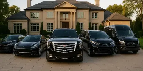 A lineup of black luxury vehicles including a Cadillac SUV, Tesla sedan, and Mercedes van parked in front of a large estate.