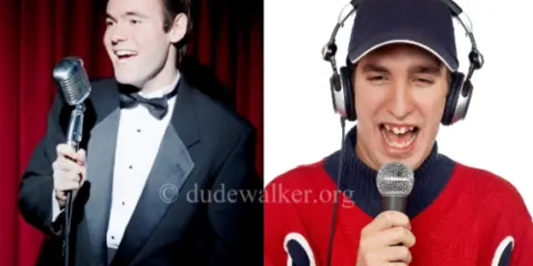 A split image of a man in a tuxedo holding a microphone and the same man wearing headphones and a red sweater holding a microphone.