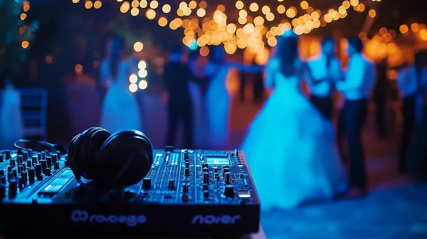 A DJ mixer and headphones in the foreground with a blurred wedding reception and dancing couple in the background.