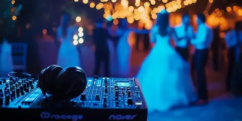 A DJ mixer and headphones in the foreground with a blurred wedding reception and dancing couple in the background.