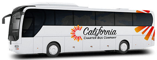 A white charter bus with the California Charter Bus Company logo on the side.