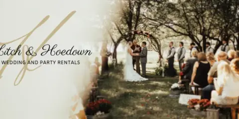 Outdoor wedding ceremony under a floral arch with guests seated on benches and floral arrangements nearby