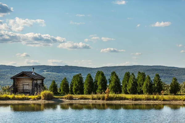 A rustic wooden cabin sits by a pond with a row of evergreen trees and rolling hills in the background.