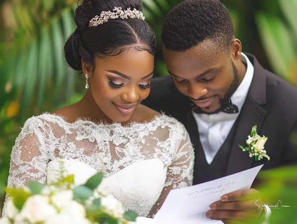 A bride and groom in formal wedding attire looking down at a marriage certificate or document together.
