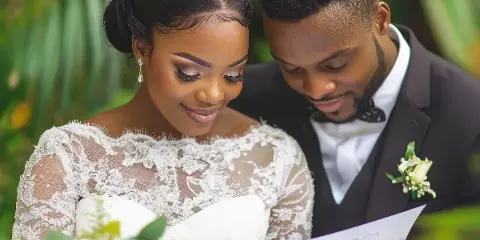 A bride and groom in formal wedding attire looking down at a marriage certificate or document together.