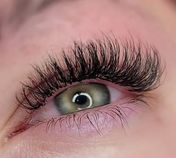 Close-up of an eye with long, full eyelashes
