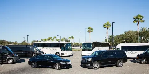 A fleet of black and white East Coast Transportation vehicles, including sedans, SUVs, and buses, parked in a lot.
