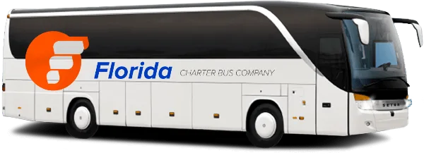 A white charter bus with the Florida Charter Bus Company logo and text on the side.