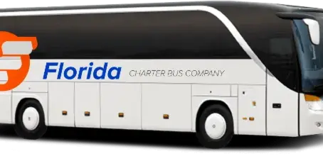 A white charter bus with the Florida Charter Bus Company logo and text on the side.