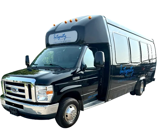 A black Ford shuttle bus with Integrity Limousine Service branding on the side and front.