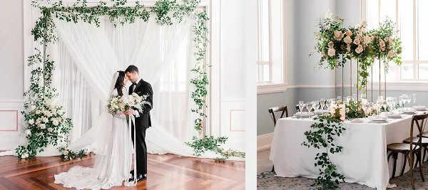A split image showing a wedding couple standing under a floral and white drapery archway on the left, and a formally set dining table with a tall floral centerpiece on the right.
