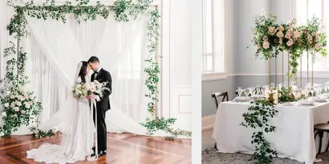 A split image showing a wedding couple standing under a floral and white drapery archway on the left, and a formally set dining table with a tall floral centerpiece on the right.