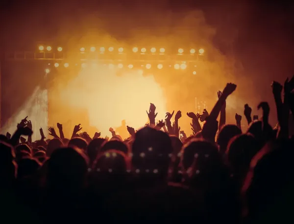Silhouetted crowd with raised hands at a live event with stage lighting
