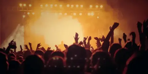 Silhouetted crowd with raised hands at a live event with stage lighting