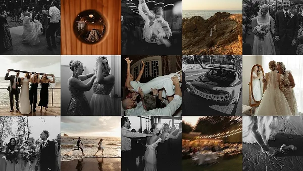 A grid collage of various wedding and elopement photographs featuring couples, venues, and candid moments.