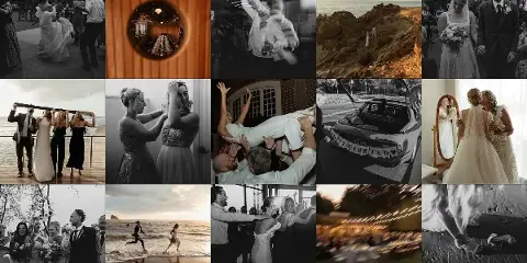 A grid collage of various wedding and elopement photographs featuring couples, venues, and candid moments.