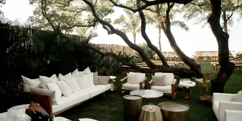 Outdoor event lounge with white cushioned sofas, armchairs, and metallic coffee tables arranged on grass under a large tree.