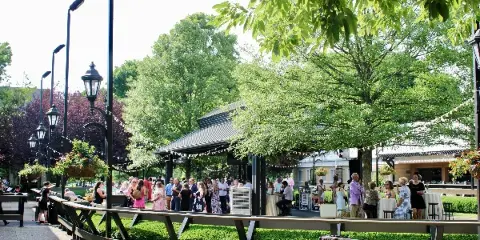 Outdoor event venue with a crowd of guests gathered around a pavilion and string lights.