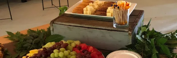 A catering buffet table featuring a platter of cheese cubes and crackers, alongside a bowl of fresh fruit including grapes, watermelon, and pineapple.
