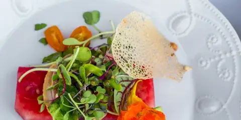 A close-up of a plated gourmet appetizer with microgreens, edible flowers, and a crisp garnish on a white plate.
