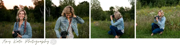 A four-panel photo strip showing a female photographer in a denim jacket holding a camera in a grassy outdoor field.