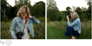 A four-panel photo strip showing a female photographer in a denim jacket holding a camera in a grassy outdoor field.