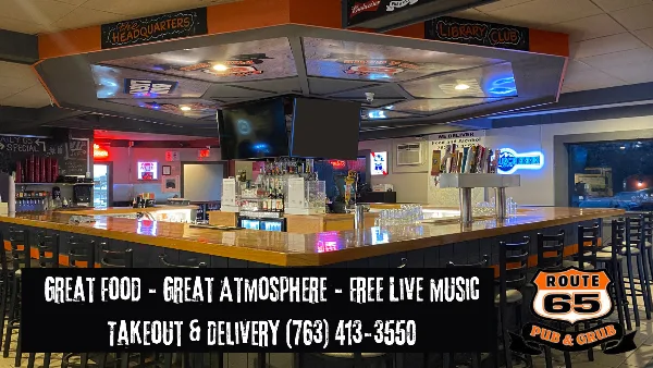 Interior view of the Route 65 Pub & Grub bar and dining area