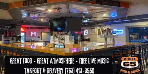 Interior view of the Route 65 Pub & Grub bar and dining area