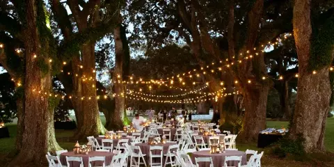 Outdoor wedding reception with round tables and string lights under large oak trees