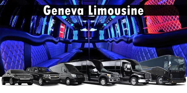 A lineup of Geneva Limousine vehicles including sedans, SUVs, and party buses, with an inset showing the illuminated interior of a party bus.