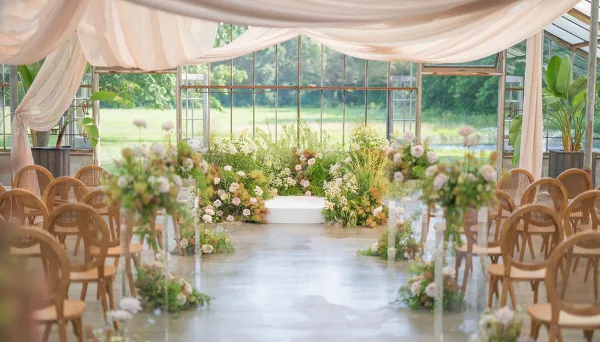 A wedding ceremony setup in a glass-walled venue featuring a floral altar, white drapery, and rows of wooden chairs.