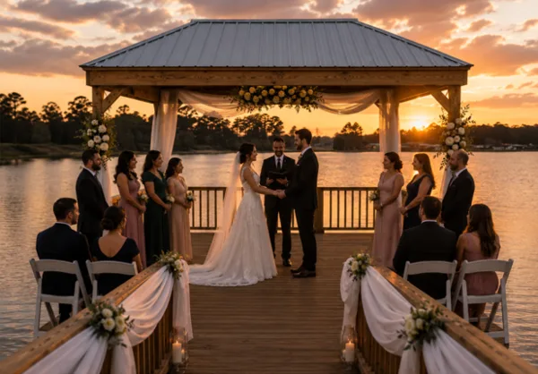 A wedding ceremony taking place on a wooden deck overlooking a lake at sunset, with a decorated gazebo and guests seated in chairs.