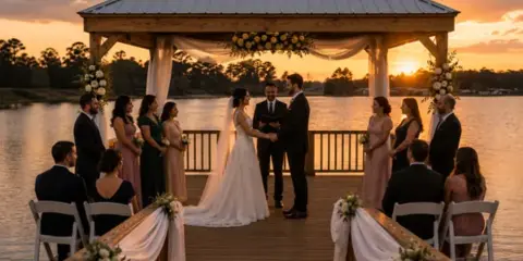 A wedding ceremony taking place on a wooden deck overlooking a lake at sunset, with a decorated gazebo and guests seated in chairs.