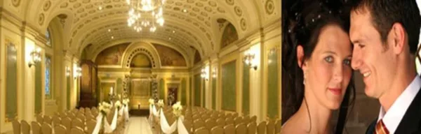 A split image showing a decorated wedding venue interior with rows of chairs and a close-up of a bride and groom.