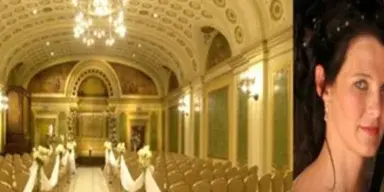A split image showing a decorated wedding venue interior with rows of chairs and a close-up of a bride and groom.