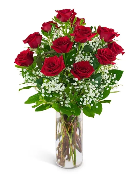 A bouquet of red roses and baby's breath arranged in a clear cylindrical glass vase.