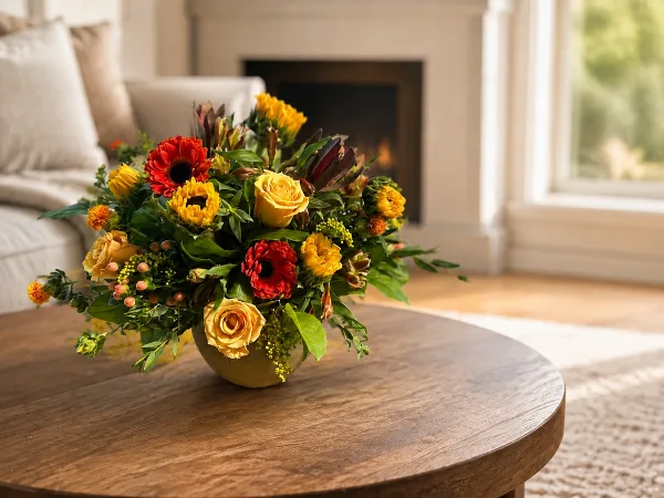 A colorful floral arrangement with red and yellow flowers in a vase on a wooden table.