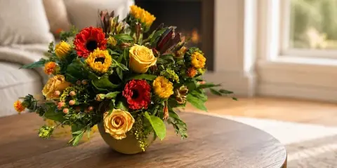 A colorful floral arrangement with red and yellow flowers in a vase on a wooden table.