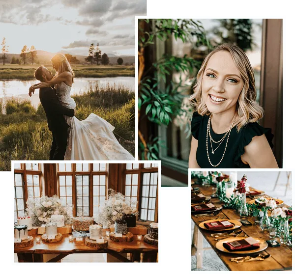 A collage featuring a wedding couple in a field, a portrait of the wedding planner, and close-ups of styled wedding tablescapes and a cake table.
