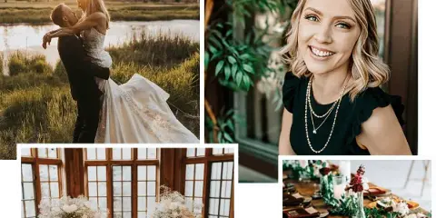A collage featuring a wedding couple in a field, a portrait of the wedding planner, and close-ups of styled wedding tablescapes and a cake table.