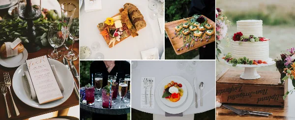 Collage of wedding catering details including a plated salad, charcuterie board, appetizers, cocktails, and a white wedding cake with flowers.