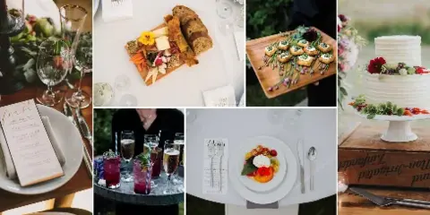 Collage of wedding catering details including a plated salad, charcuterie board, appetizers, cocktails, and a white wedding cake with flowers.