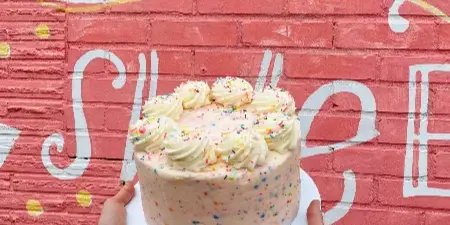 A round cake with white piped frosting and rainbow sprinkles held by two hands against a pink painted brick wall.
