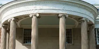 A bride and groom exchanging vows on the steps of a classical building with columns, surrounded by their wedding party.