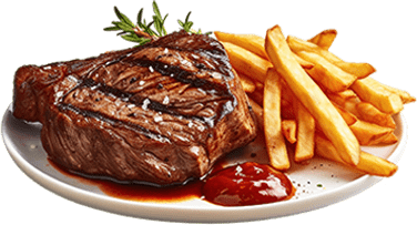 Grilled steak with french fries and ketchup on a white plate