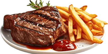 Grilled steak with french fries and ketchup on a white plate