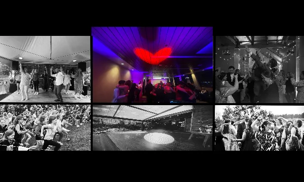 A collage of event photographs showing a wedding dance floor with a heart-shaped light projection, a dance line, and a dance floor setup.