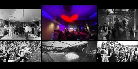 A collage of event photographs showing a wedding dance floor with a heart-shaped light projection, a dance line, and a dance floor setup.